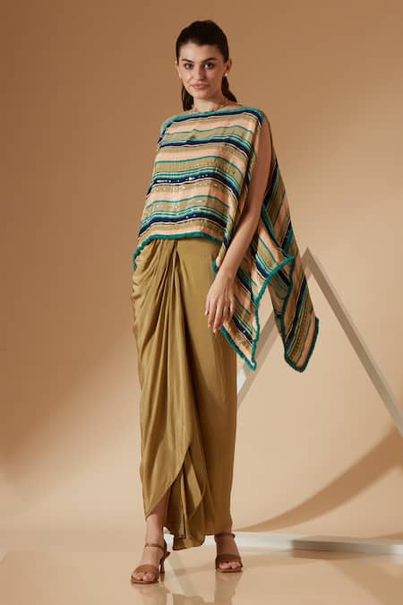 Buy_Sandhya Shah_Green Crepe, Linen Sequins Boat Neck Striped Print Kaftan Top And Skirt Set _Online_at_Aza_Fashions