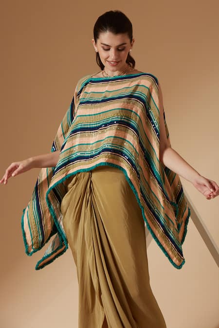 Shop_Sandhya Shah_Green Crepe, Linen Sequins Boat Neck Striped Print Kaftan Top And Skirt Set _Online_at_Aza_Fashions