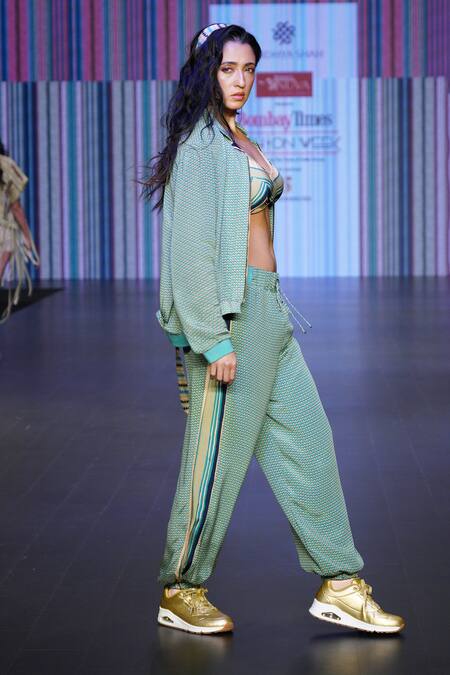 Sandhya Shah_Green Crepe, Linen Embroidery Collared Floral Print Jacket And Jogger Pant Set _Online_at_Aza_Fashions