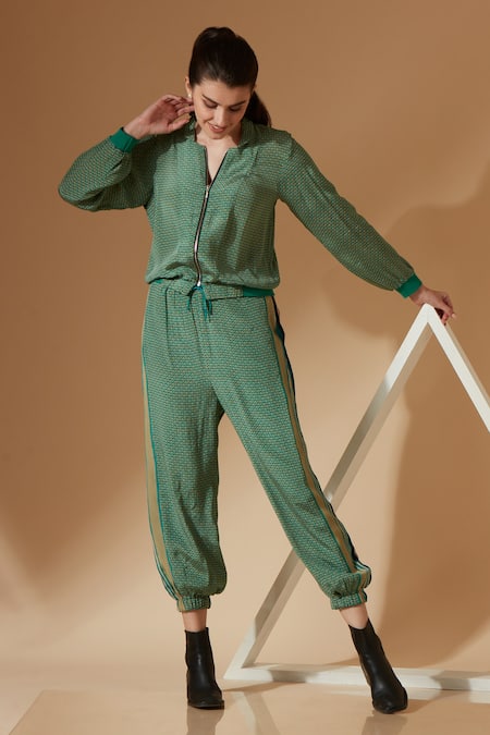 Sandhya Shah_Green Crepe, Linen Embroidery Collared Floral Print Jacket And Jogger Pant Set _at_Aza_Fashions