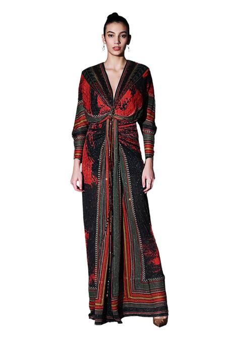 Nikita Mhaisalkar Red Georgette Sequins Plunge Neck Rouge Love Draped Maxi Dress Online at Aza Fashions Nikita Mhaisalkar_Red Georgette Sequins Plunge Neck Rouge Love Draped Maxi Dress _Online_at_Aza_Fashions