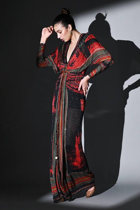 Buy Nikita Mhaisalkar Red Georgette Sequins Plunge Neck Rouge Love Draped Maxi Dress Online at Aza Fashions Buy_Nikita Mhaisalkar_Red Georgette Sequins Plunge Neck Rouge Love Draped Maxi Dress _Online_at_Aza_Fashions