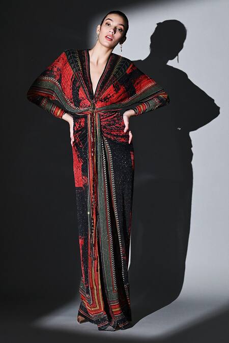 Shop Nikita Mhaisalkar Red Georgette Sequins Plunge Neck Rouge Love Draped Maxi Dress Online at Aza Fashions Shop_Nikita Mhaisalkar_Red Georgette Sequins Plunge Neck Rouge Love Draped Maxi Dress _Online_at_Aza_Fashions