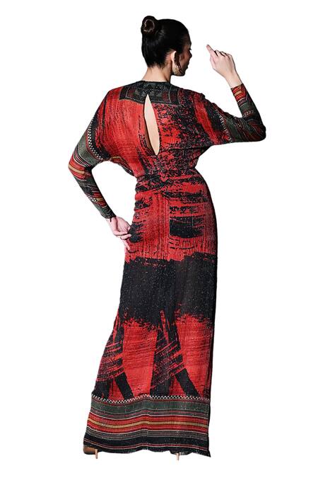 Buy Nikita Mhaisalkar Red Georgette Sequins Plunge Neck Rouge Love Draped Maxi Dress Buy_Nikita Mhaisalkar_Red Georgette Sequins Plunge Neck Rouge Love Draped Maxi Dress