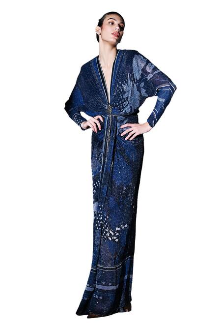 Nikita Mhaisalkar_Blue Georgette Sequins Plunge Neck Midnight Star Draped Maxi Dress _Online_at_Aza_Fashions
