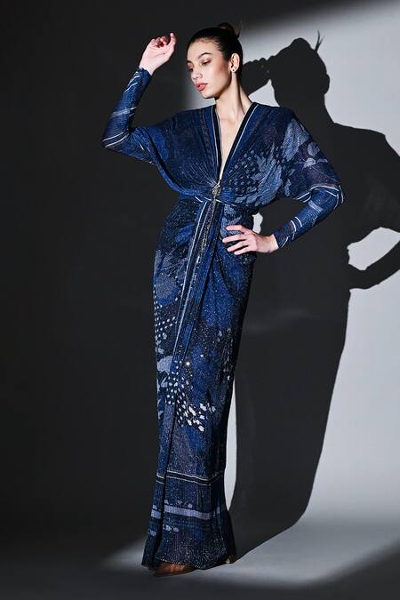 Buy_Nikita Mhaisalkar_Blue Georgette Sequins Plunge Neck Midnight Star Draped Maxi Dress _Online_at_Aza_Fashions