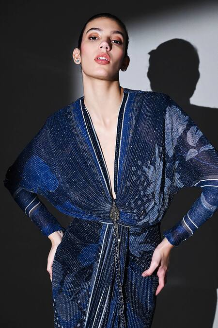 Shop_Nikita Mhaisalkar_Blue Georgette Sequins Plunge Neck Midnight Star Draped Maxi Dress _Online_at_Aza_Fashions
