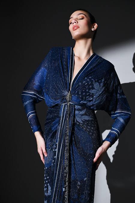 Nikita Mhaisalkar_Blue Georgette Sequins Plunge Neck Midnight Star Draped Maxi Dress _at_Aza_Fashions