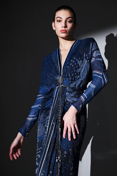 Buy_Nikita Mhaisalkar_Blue Georgette Sequins Plunge Neck Midnight Star Draped Maxi Dress 
