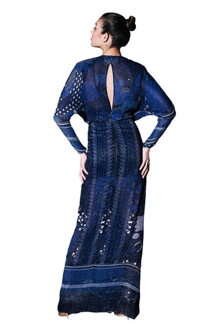Shop_Nikita Mhaisalkar_Blue Georgette Sequins Plunge Neck Midnight Star Draped Maxi Dress 