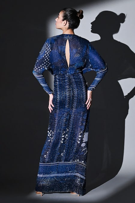 Shop_Nikita Mhaisalkar_Blue Georgette Sequins Plunge Neck Midnight Star Draped Maxi Dress _at_Aza_Fashions