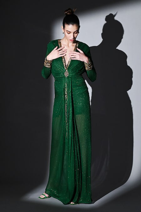 Nikita Mhaisalkar Green Pure Georgette Hand Embroidered Sequin Plunge V Draped Maxi Dress