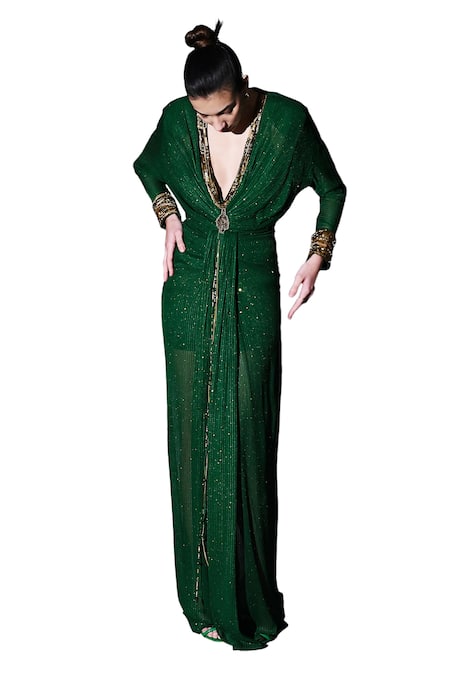 Nikita Mhaisalkar Green Georgette Sequins, Beads Plunge Neck Hand Embroidered Draped Maxi Dress Online at Aza Fashions Nikita Mhaisalkar_Green Georgette Sequins, Beads Plunge Neck Hand Embroidered Draped Maxi Dress _Online_at_Aza_Fashions