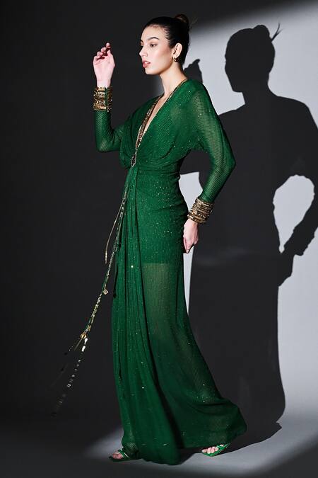Buy Nikita Mhaisalkar Green Georgette Sequins, Beads Plunge Neck Hand Embroidered Draped Maxi Dress Online at Aza Fashions Buy_Nikita Mhaisalkar_Green Georgette Sequins, Beads Plunge Neck Hand Embroidered Draped Maxi Dress _Online_at_Aza_Fashions