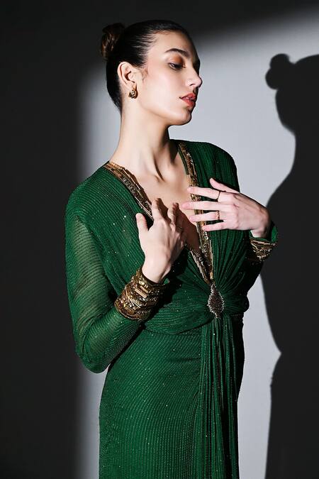 Shop Nikita Mhaisalkar Green Georgette Sequins, Beads Plunge Neck Hand Embroidered Draped Maxi Dress Online at Aza Fashions Shop_Nikita Mhaisalkar_Green Georgette Sequins, Beads Plunge Neck Hand Embroidered Draped Maxi Dress _Online_at_Aza_Fashions