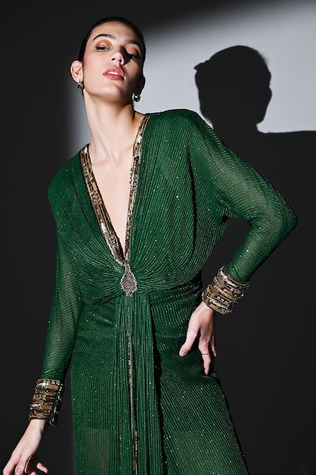 Nikita Mhaisalkar Green Georgette Sequins, Beads Plunge Neck Hand Embroidered Draped Maxi Dress at Aza Fashions Nikita Mhaisalkar_Green Georgette Sequins, Beads Plunge Neck Hand Embroidered Draped Maxi Dress _at_Aza_Fashions