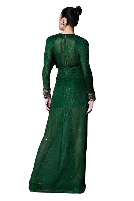 Buy Nikita Mhaisalkar Green Georgette Sequins, Beads Plunge Neck Hand Embroidered Draped Maxi Dress Buy_Nikita Mhaisalkar_Green Georgette Sequins, Beads Plunge Neck Hand Embroidered Draped Maxi Dress