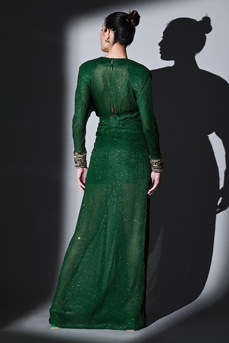 Shop Nikita Mhaisalkar Green Georgette Sequins, Beads Plunge Neck Hand Embroidered Draped Maxi Dress at Aza Fashions Shop_Nikita Mhaisalkar_Green Georgette Sequins, Beads Plunge Neck Hand Embroidered Draped Maxi Dress _at_Aza_Fashions