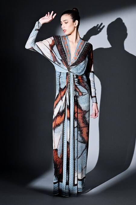 Nikita Mhaisalkar Blue Pure Georgette Sequin Plunge V Butterfly Pattern Draped Dress