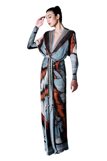 Nikita Mhaisalkar Blue Georgette Sequins Plunge Neck Butterfly Pattern Draped Dress Online at Aza Fashions Nikita Mhaisalkar_Blue Georgette Sequins Plunge Neck Butterfly Pattern Draped Dress _Online_at_Aza_Fashions