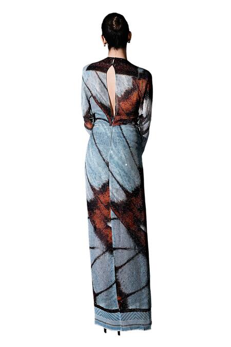 Shop Nikita Mhaisalkar Blue Georgette Sequins Plunge Neck Butterfly Pattern Draped Dress Online at Aza Fashions Shop_Nikita Mhaisalkar_Blue Georgette Sequins Plunge Neck Butterfly Pattern Draped Dress _Online_at_Aza_Fashions