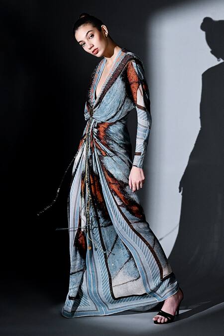 Nikita Mhaisalkar Blue Georgette Sequins Plunge Neck Butterfly Pattern Draped Dress at Aza Fashions Nikita Mhaisalkar_Blue Georgette Sequins Plunge Neck Butterfly Pattern Draped Dress _at_Aza_Fashions