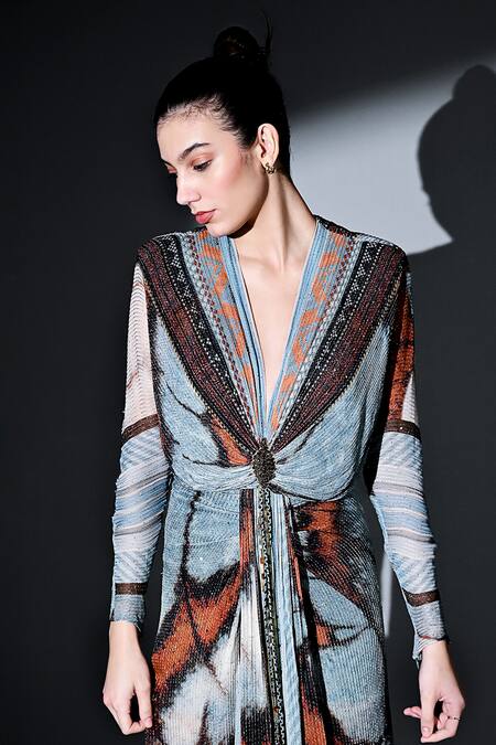 Buy Nikita Mhaisalkar Blue Georgette Sequins Plunge Neck Butterfly Pattern Draped Dress Buy_Nikita Mhaisalkar_Blue Georgette Sequins Plunge Neck Butterfly Pattern Draped Dress