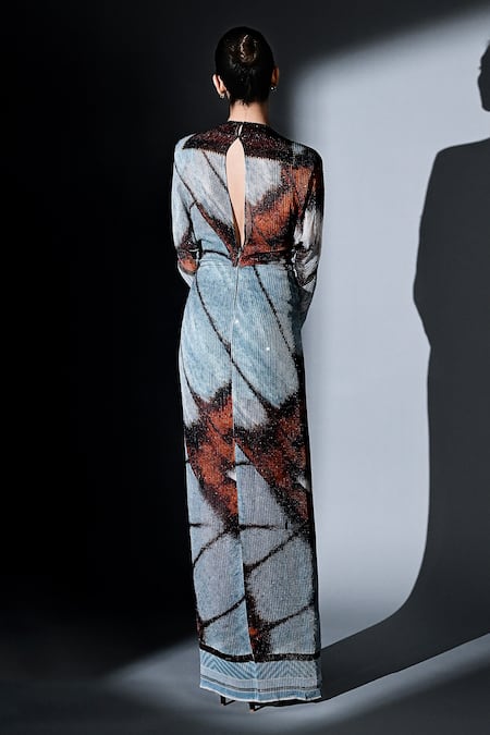 Shop Nikita Mhaisalkar Blue Georgette Sequins Plunge Neck Butterfly Pattern Draped Dress at Aza Fashions Shop_Nikita Mhaisalkar_Blue Georgette Sequins Plunge Neck Butterfly Pattern Draped Dress _at_Aza_Fashions