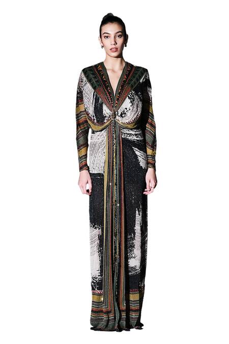 Nikita Mhaisalkar Black Georgette Sequins Plunge Neck Noir Dream Draped Maxi Dress Online at Aza Fashions Nikita Mhaisalkar_Black Georgette Sequins Plunge Neck Noir Dream Draped Maxi Dress _Online_at_Aza_Fashions