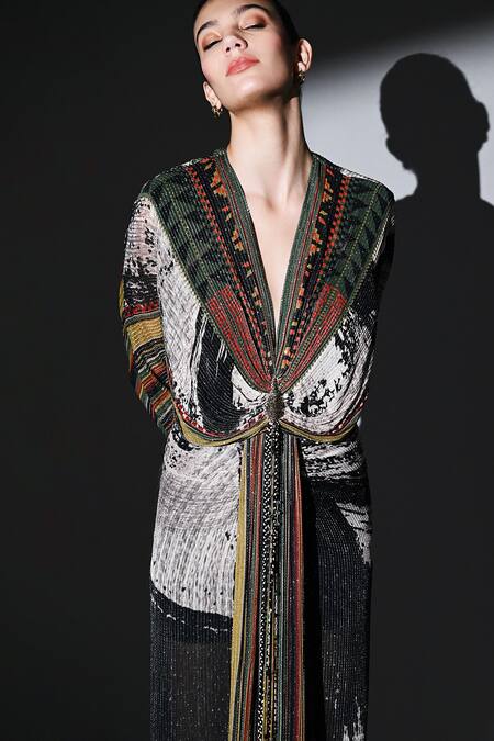 Shop Nikita Mhaisalkar Black Georgette Sequins Plunge Neck Noir Dream Draped Maxi Dress Online at Aza Fashions Shop_Nikita Mhaisalkar_Black Georgette Sequins Plunge Neck Noir Dream Draped Maxi Dress _Online_at_Aza_Fashions