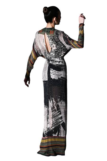 Nikita Mhaisalkar Black Georgette Sequins Plunge Neck Noir Dream Draped Maxi Dress at Aza Fashions Nikita Mhaisalkar_Black Georgette Sequins Plunge Neck Noir Dream Draped Maxi Dress _at_Aza_Fashions