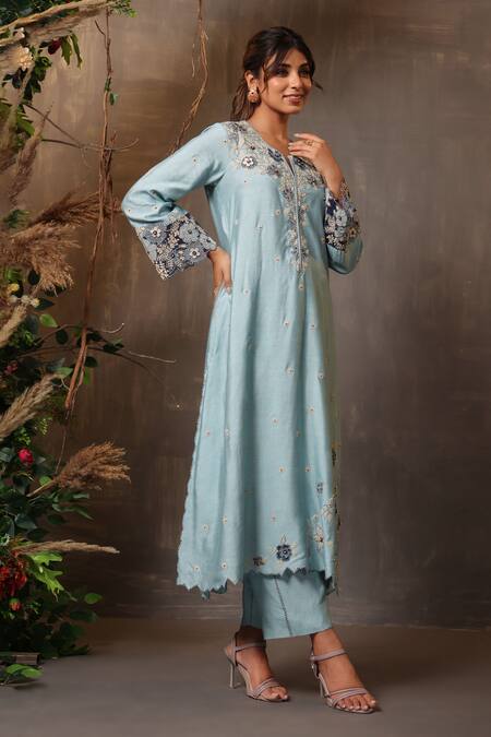 Shop_Label Niti Bothra_Blue Chanderi Silk Embroidery Split Floral Applique Border Kurta Pant Set _Online_at_Aza_Fashions