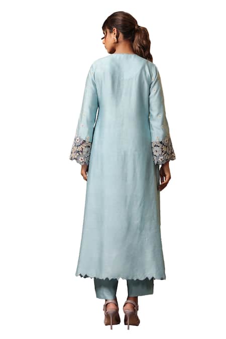 Buy Label Niti Bothra Blue Chanderi Silk Embroidery, Applique Split Floral Border Kurta And Pant Set Online at Aza Fashions Buy_Label Niti Bothra_Blue Chanderi Silk Embroidery, Applique Split Floral Border Kurta And Pant Set _Online_at_Aza_Fashions