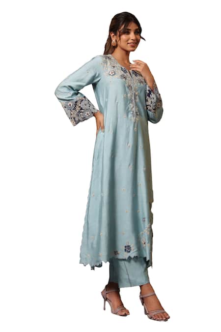 Label Niti Bothra Blue Chanderi Silk Embroidery, Applique Split Floral Border Kurta And Pant Set at Aza Fashions Label Niti Bothra_Blue Chanderi Silk Embroidery, Applique Split Floral Border Kurta And Pant Set _at_Aza_Fashions