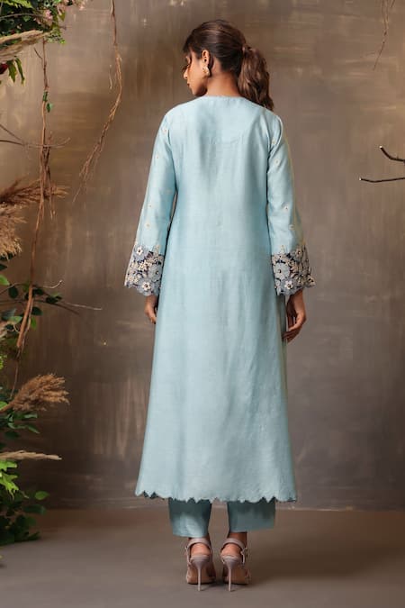 Shop_Label Niti Bothra_Blue Chanderi Silk Embroidery, Applique Split Floral Border Kurta And Pant Set _at_Aza_Fashions