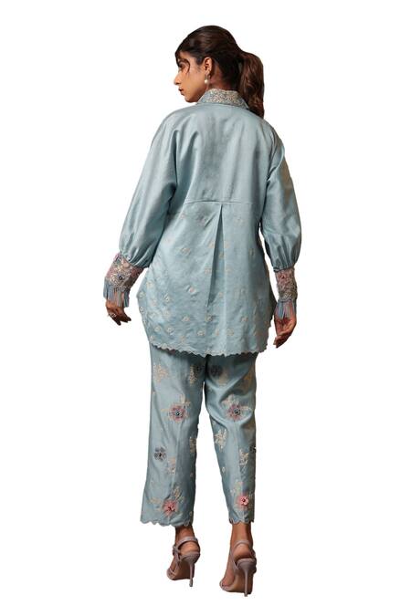 Label Niti Bothra Blue Chanderi Silk Embroidery Collared Shirt And Pant Set Online at Aza Fashions Label Niti Bothra_Blue Chanderi Silk Embroidery Collared Shirt And Pant Set _Online_at_Aza_Fashions
