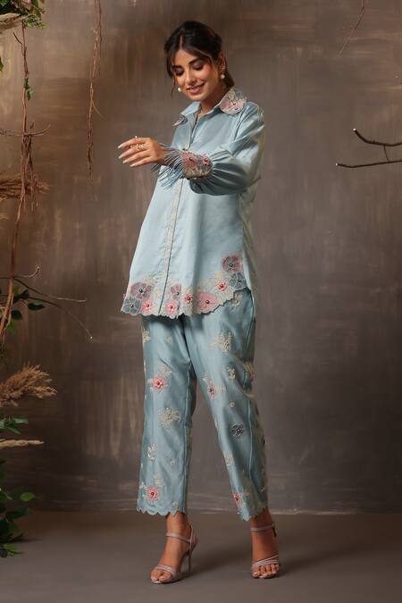 Buy_Label Niti Bothra_Blue Chanderi Silk Embroidery Collared Shirt And Pant Set _Online_at_Aza_Fashions