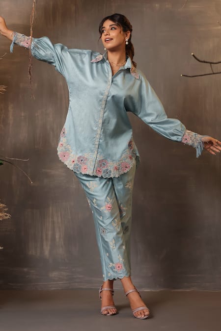 Shop_Label Niti Bothra_Blue Chanderi Silk Embroidery Collared Shirt And Pant Set _Online_at_Aza_Fashions