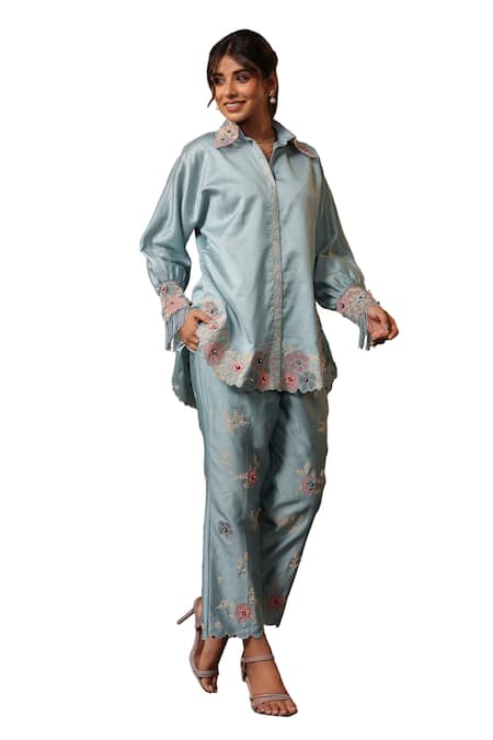 Label Niti Bothra Blue Chanderi Silk Embroidery Collared Shirt And Pant Set at Aza Fashions Label Niti Bothra_Blue Chanderi Silk Embroidery Collared Shirt And Pant Set _at_Aza_Fashions