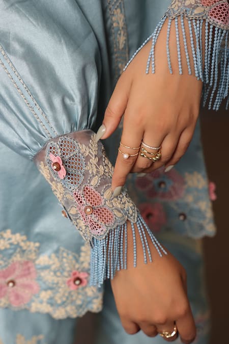 Buy_Label Niti Bothra_Blue Chanderi Silk Embroidery Collared Shirt And Pant Set 