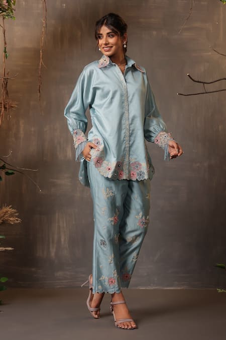 Label Niti Bothra Blue Chanderi Silk Embroidery Thread Collar Shirt And Pant Set 