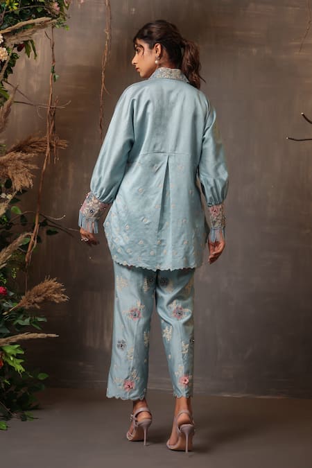 Shop_Label Niti Bothra_Blue Chanderi Silk Embroidery Collared Shirt And Pant Set _at_Aza_Fashions