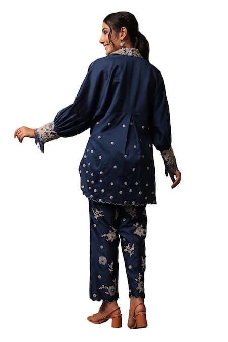 Label Niti Bothra Blue Chanderi Silk Embroidery Collared Floral Applique Work Shirt And Pant Set Online at Aza Fashions Label Niti Bothra_Blue Chanderi Silk Embroidery Collared Floral Applique Work Shirt And Pant Set _Online_at_Aza_Fashions