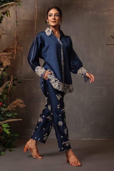 Buy_Label Niti Bothra_Blue Chanderi Silk Embroidery Collared Floral Applique Work Shirt And Pant Set _Online_at_Aza_Fashions