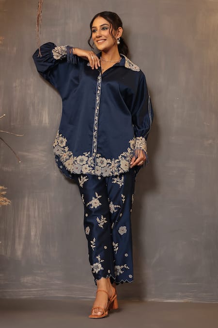 Shop_Label Niti Bothra_Blue Chanderi Silk Embroidery Collared Floral Applique Work Shirt And Pant Set _Online_at_Aza_Fashions