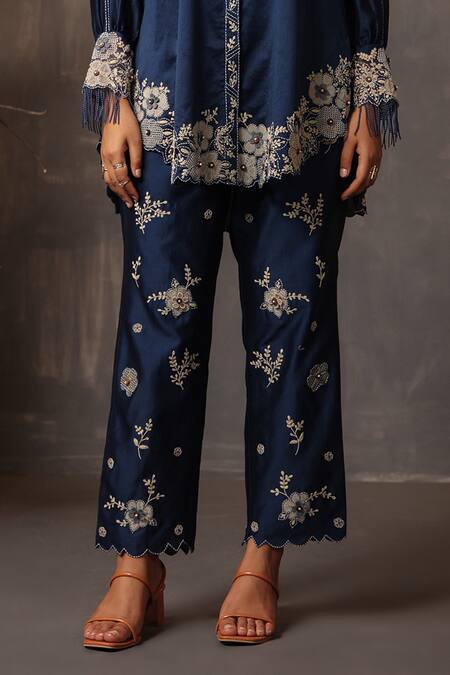 Shop Label Niti Bothra Blue Chanderi Silk Embroidery Collared Floral Applique Work Shirt And Pant Set Shop_Label Niti Bothra_Blue Chanderi Silk Embroidery Collared Floral Applique Work Shirt And Pant Set