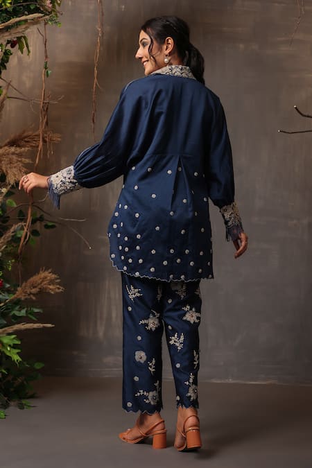 Shop_Label Niti Bothra_Blue Chanderi Silk Embroidery Collared Floral Applique Work Shirt And Pant Set _at_Aza_Fashions