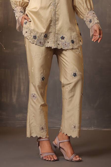 Buy Label Niti Bothra Ivory Chanderi Silk Embroidery Collared Floral Applique Shirt And Pant Set Online at Aza Fashions Buy_Label Niti Bothra_Ivory Chanderi Silk Embroidery Collared Floral Applique Shirt And Pant Set _Online_at_Aza_Fashions