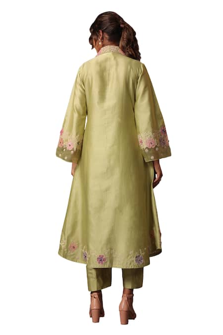 Label Niti Bothra Green Chanderi Silk Embroidery, Applique Collared Work Shirt Kurta And Pant Set Online at Aza Fashions Label Niti Bothra_Green Chanderi Silk Embroidery, Applique Collared Work Shirt Kurta And Pant Set _Online_at_Aza_Fashions