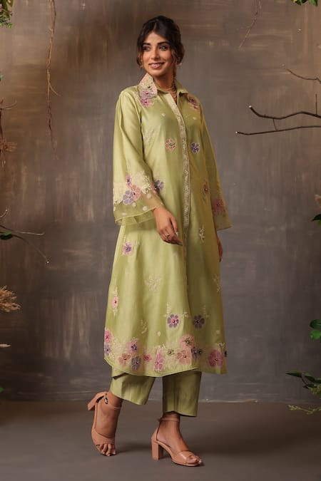 Buy_Label Niti Bothra_Green Chanderi Silk Embroidery, Applique Collared Work Shirt Kurta And Pant Set _Online_at_Aza_Fashions